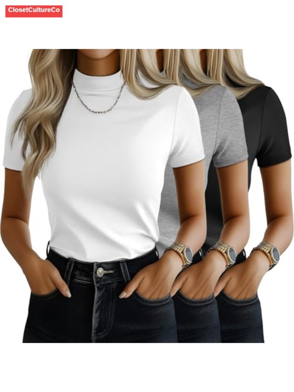 Women's Mock Neck Short Sleeve Tops 3 Pack Stretch Tees